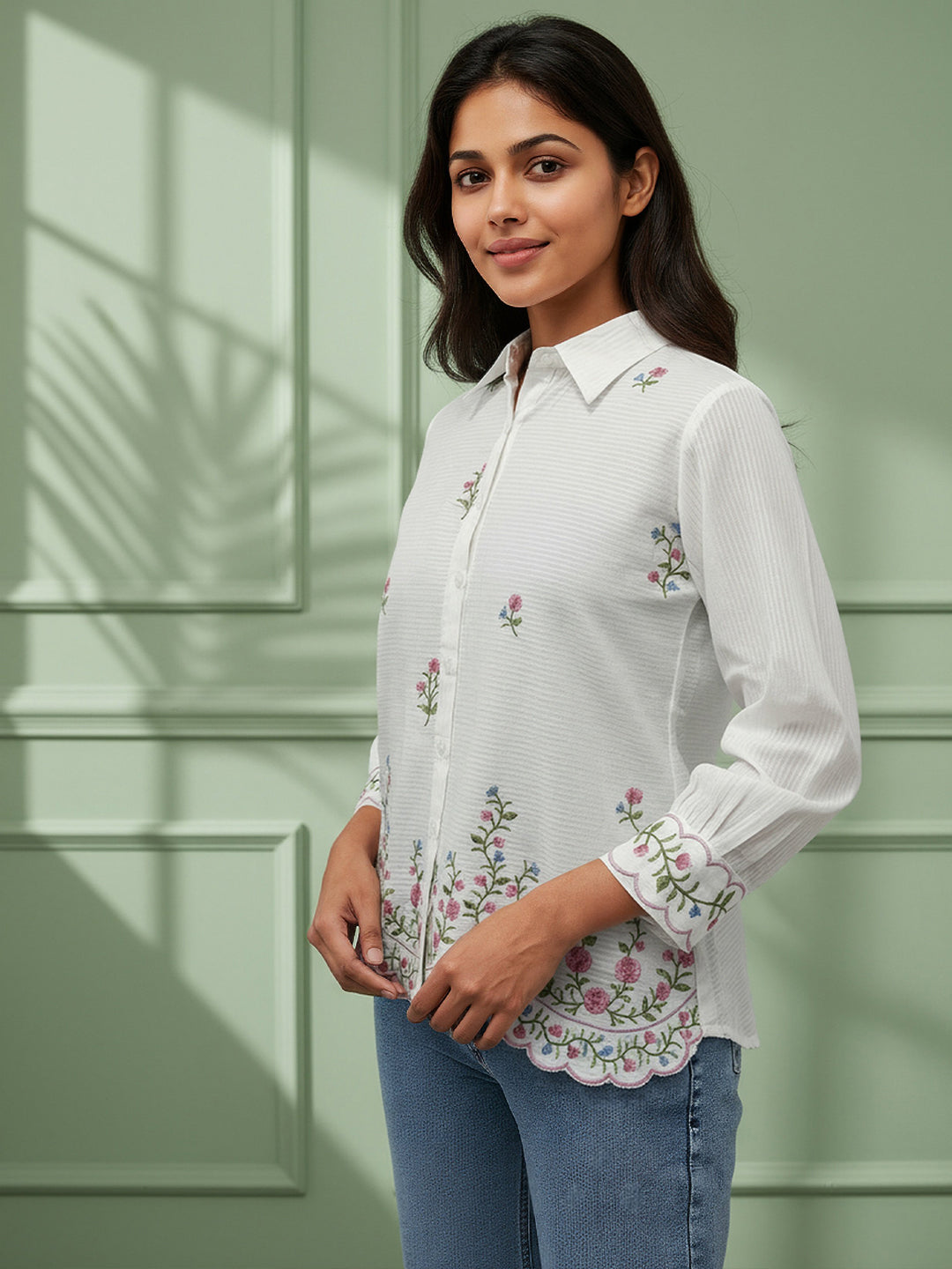 Zummer Cotton White Floral Embroidered Shirt