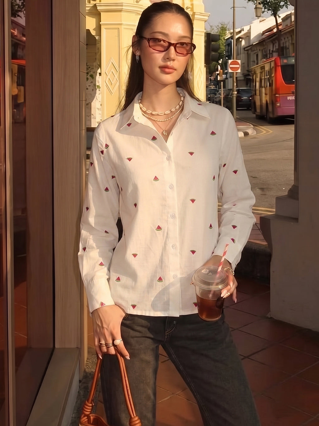 Zummer Fruit Embroidered Cotton Shirt (Pink & Green)