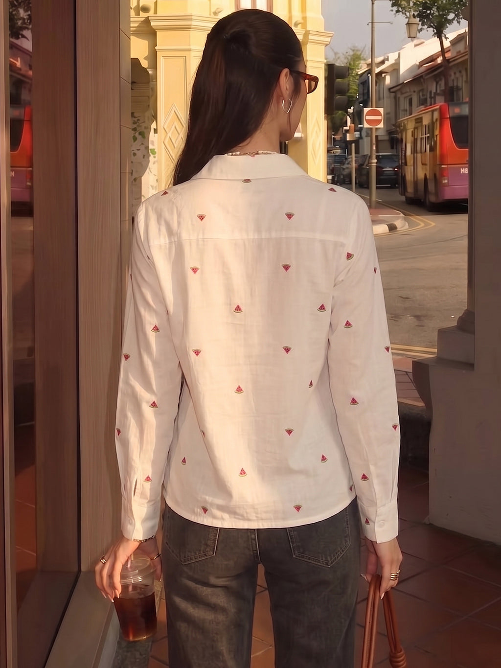 Zummer Fruit Embroidered Cotton Shirt (Pink & Green)
