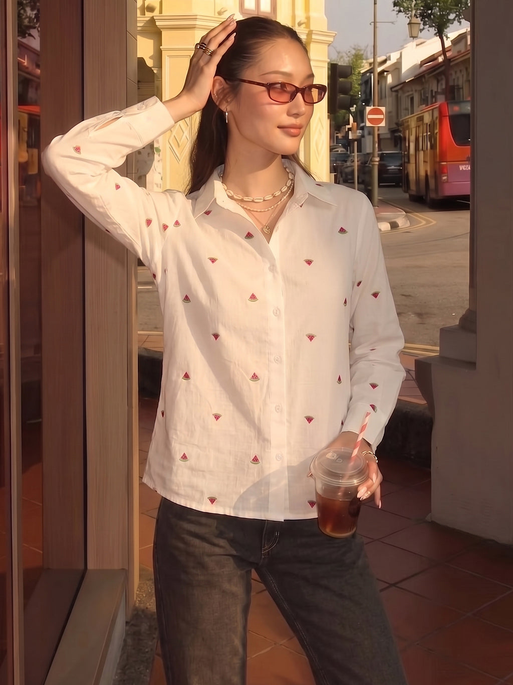 Zummer Fruit Embroidered Cotton Shirt (Pink & Green)