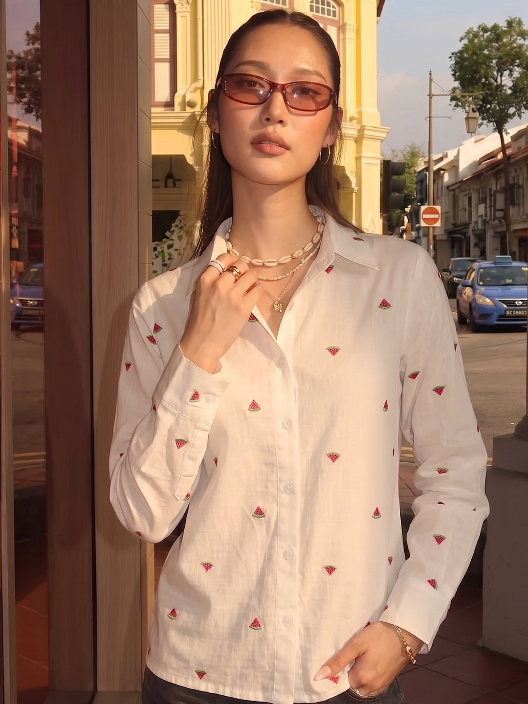 Zummer Fruit Embroidered Cotton Shirt (Pink & Green)