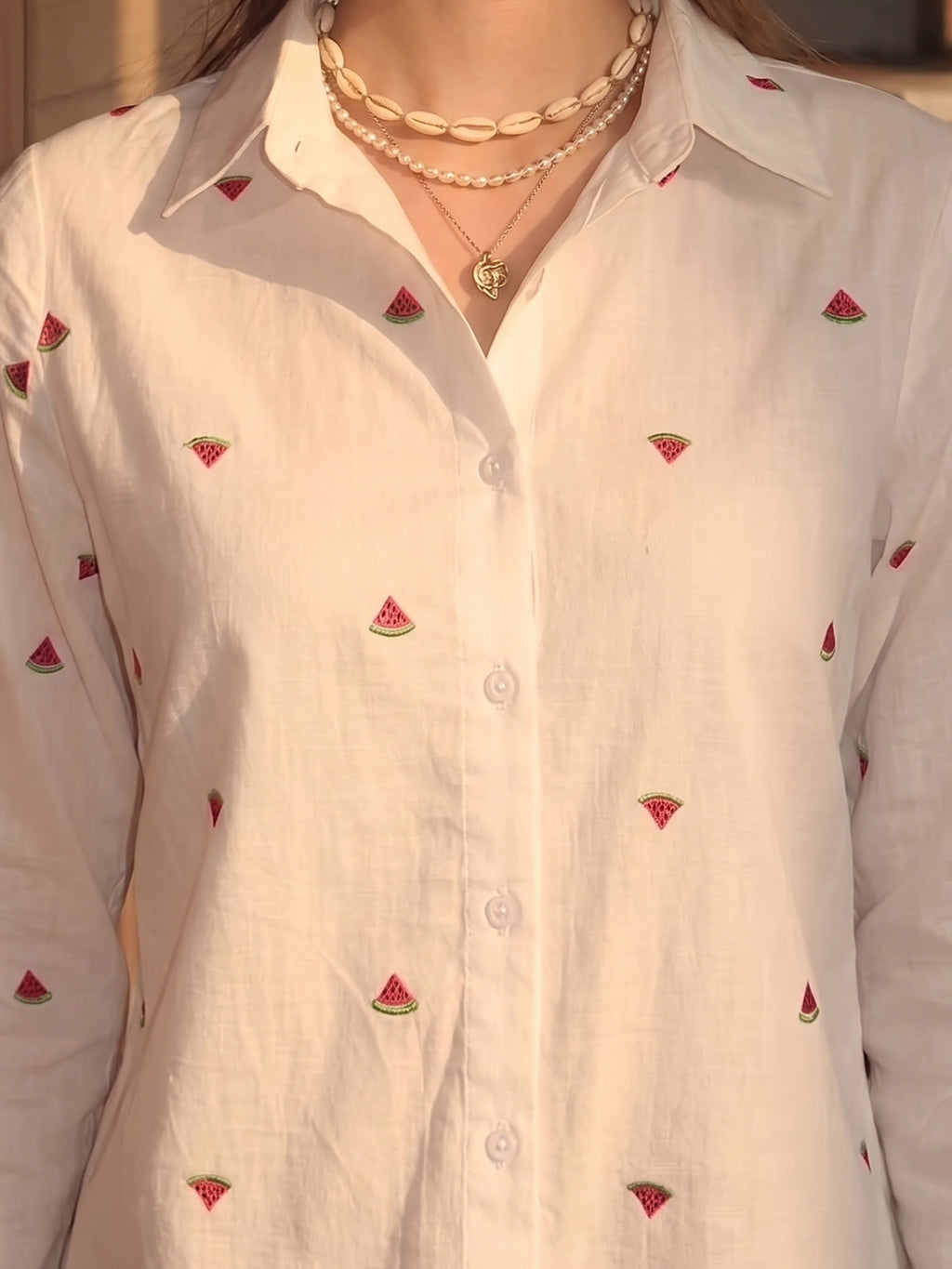 Zummer Fruit Embroidered Cotton Shirt (Pink & Green)