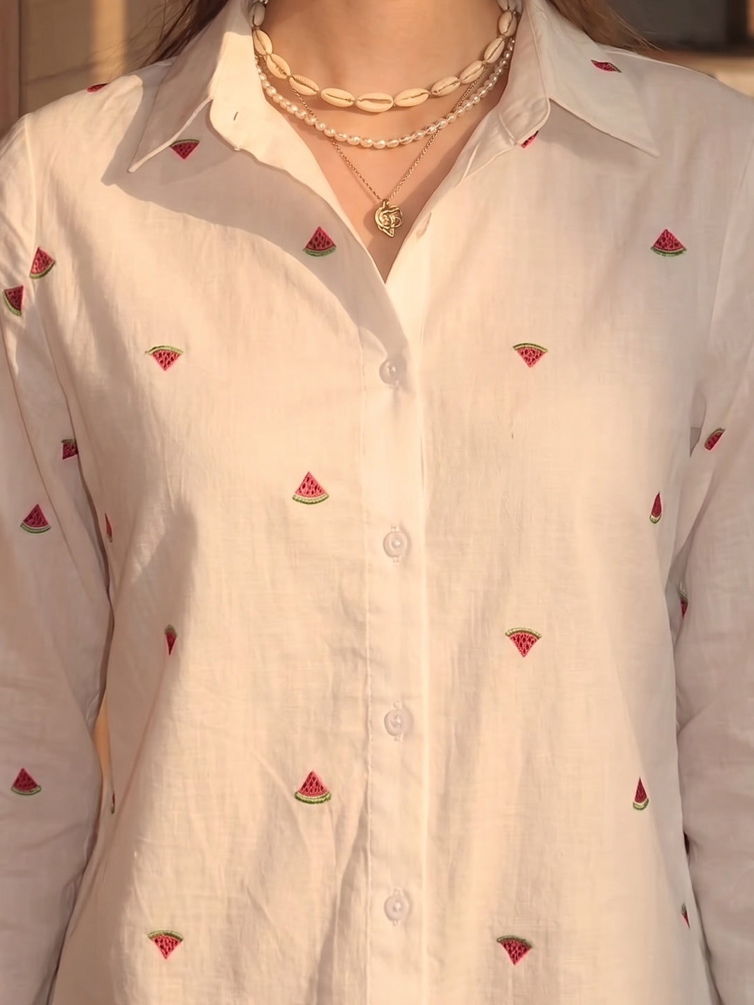 Zummer Fruit Embroidered Cotton Shirt (Pink & Green)