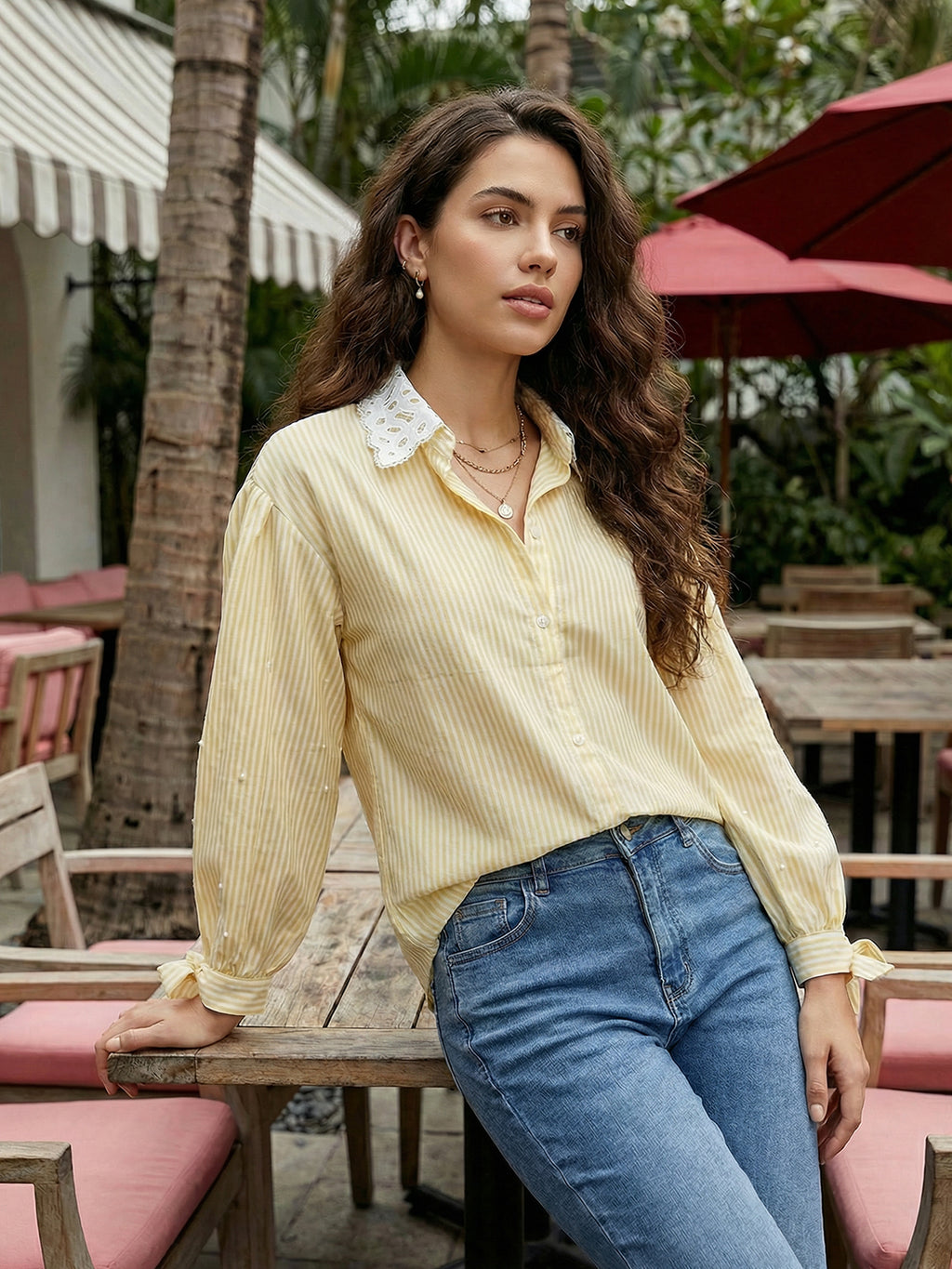 Yellow & White Striped Embellished Cotton Shirt