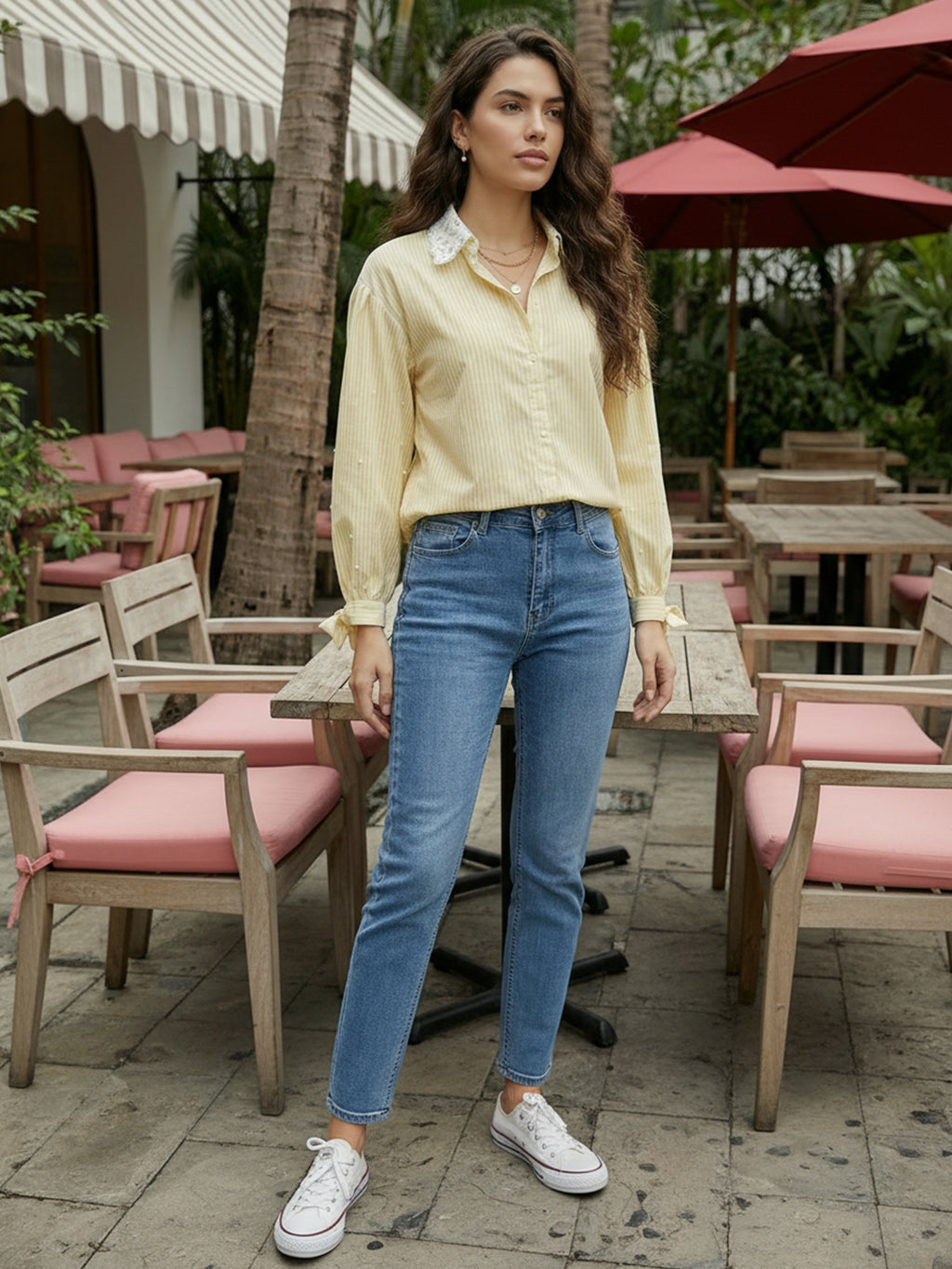 Yellow & White Striped Embellished Cotton Shirt