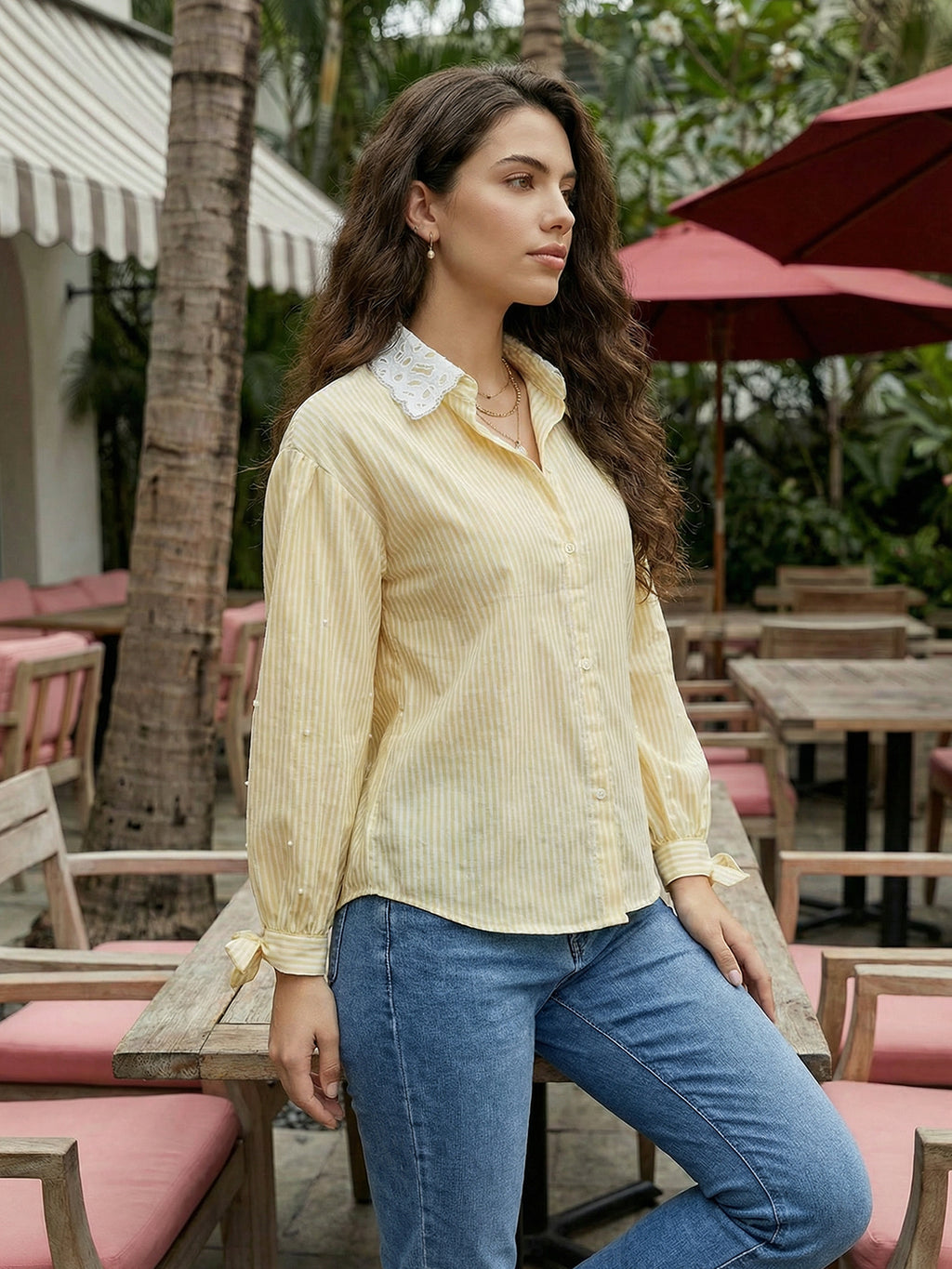 Yellow & White Striped Embellished Cotton Shirt