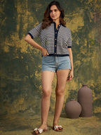 Zummer Women Navy Blue Seamless Knitted Shirt