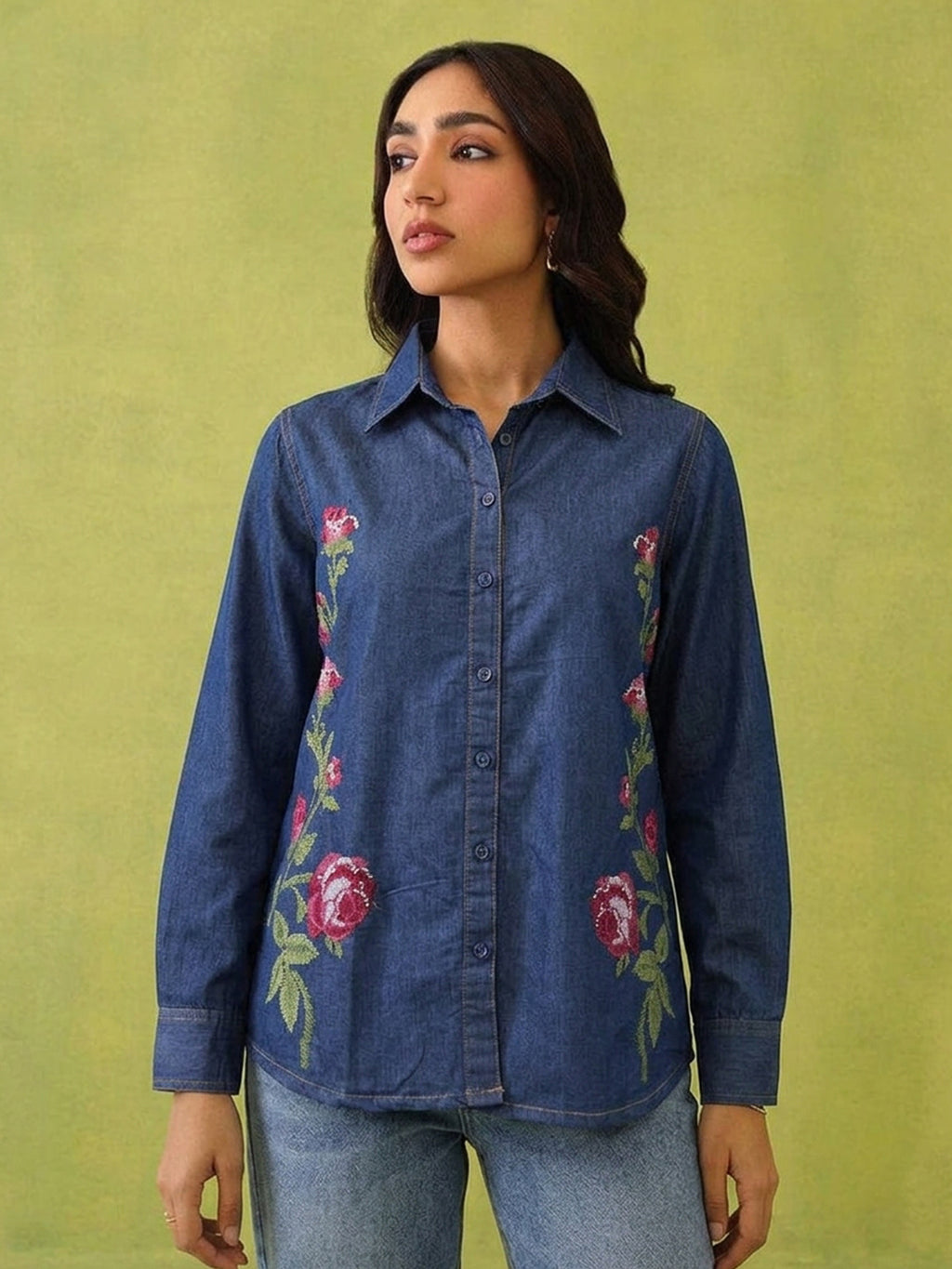 Zummer Women's Navy Blue Embroidered Denim Shirt with Green & Pink Floral Print