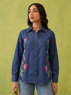 Zummer Women's Navy Blue Embroidered Denim Shirt with Green & Pink Floral Print