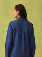 Zummer Women's Navy Blue Embroidered Denim Shirt with Green & Pink Floral Print