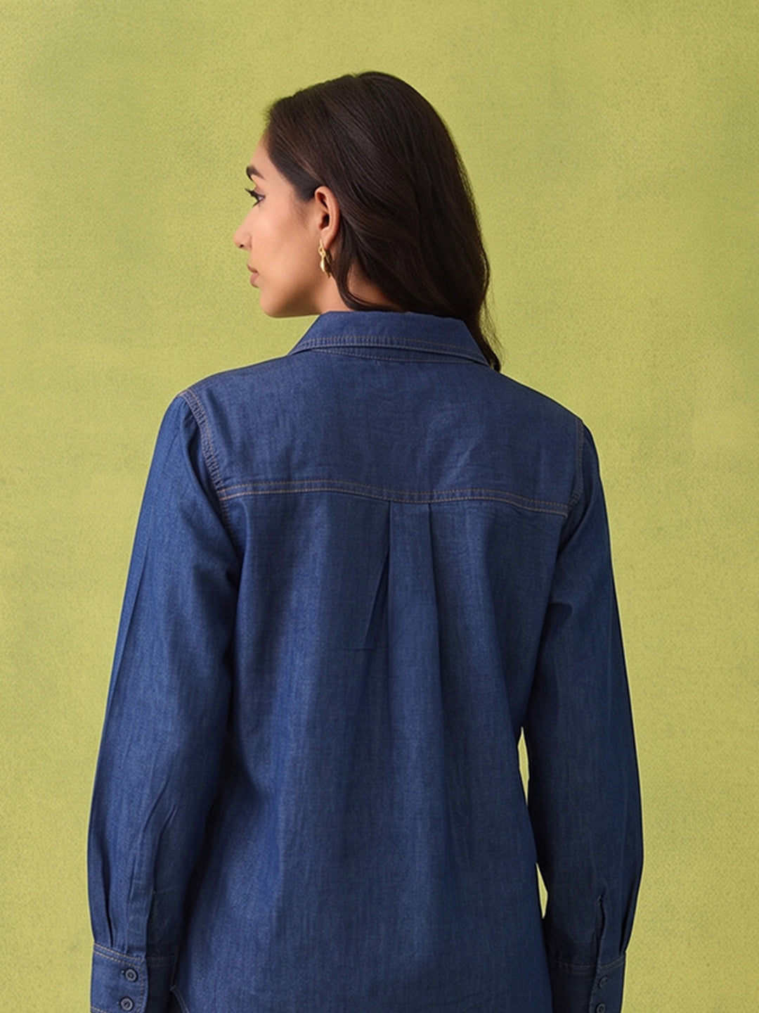 Zummer Women's Navy Blue Embroidered Denim Shirt with Green & Pink Floral Print