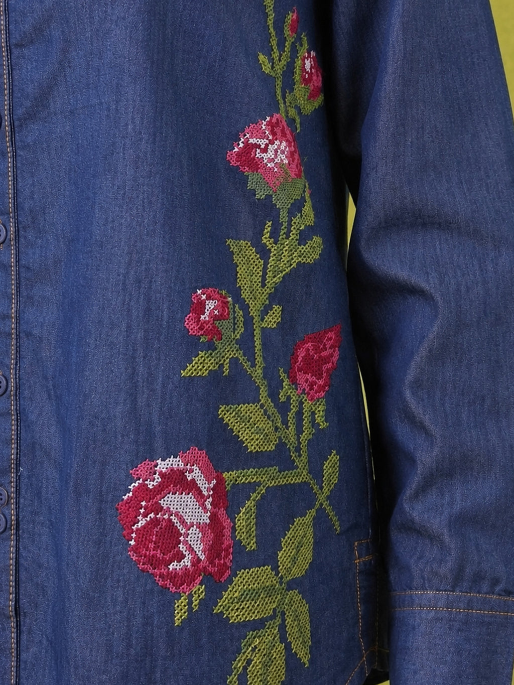 Zummer Women's Navy Blue Embroidered Denim Shirt with Green & Pink Floral Print