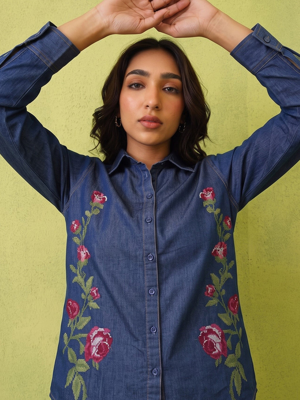 Zummer Women's Navy Blue Embroidered Denim Shirt with Green & Pink Floral Print