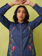 Zummer Women's Navy Blue Embroidered Denim Shirt with Green & Pink Floral Print
