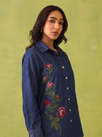 Zummer Women's Navy Blue Embroidered Denim Shirt with Green & Pink Floral Print