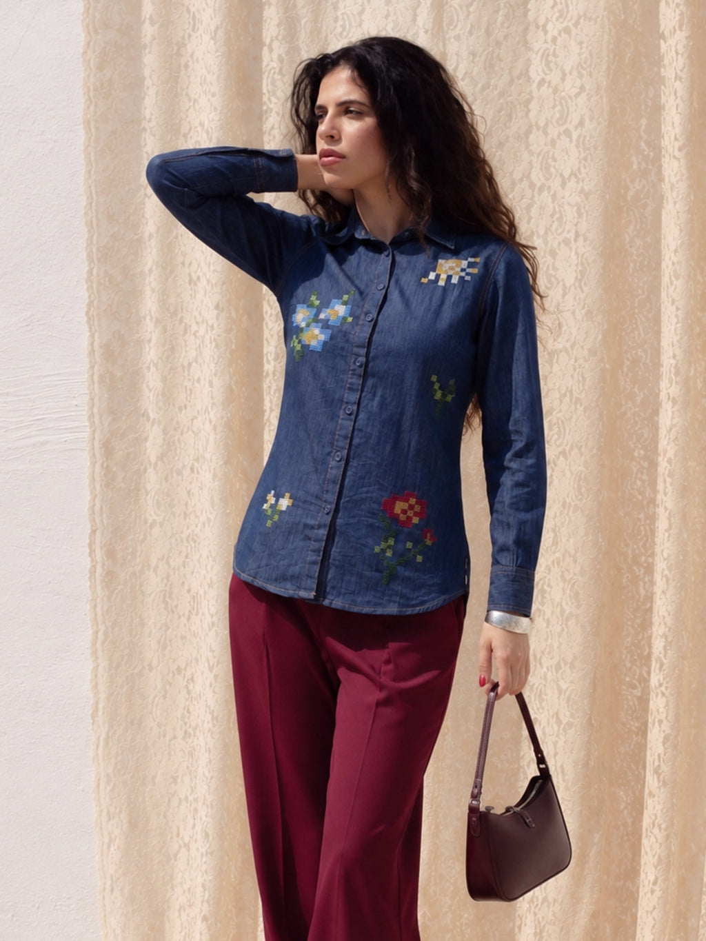 Zummer Women's Navy Blue Embroidered Denim Shirt with Floral Geometric Print