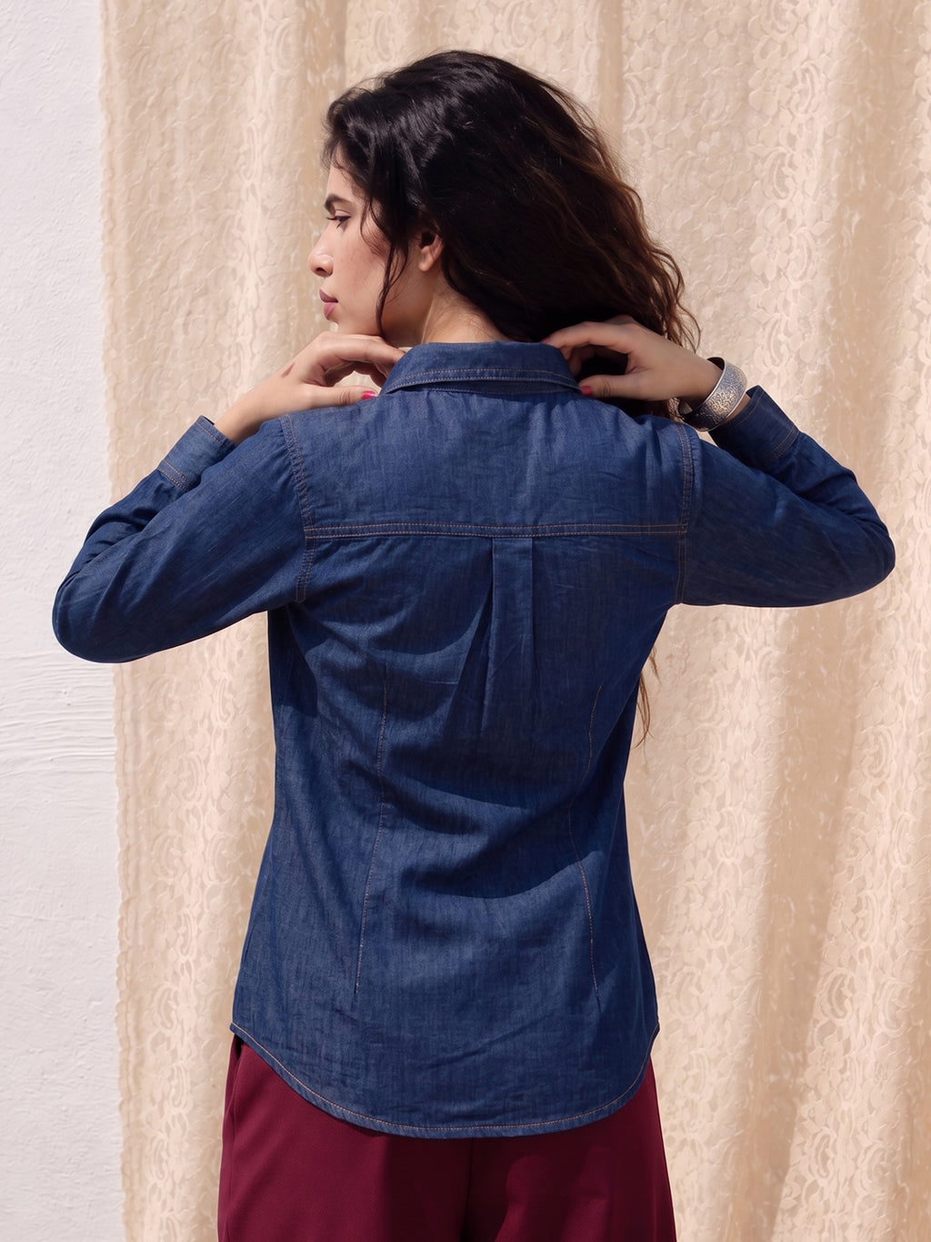 Zummer Women's Navy Blue Embroidered Denim Shirt with Floral Geometric Print