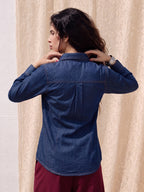 Zummer Women's Navy Blue Embroidered Denim Shirt with Floral Geometric Print