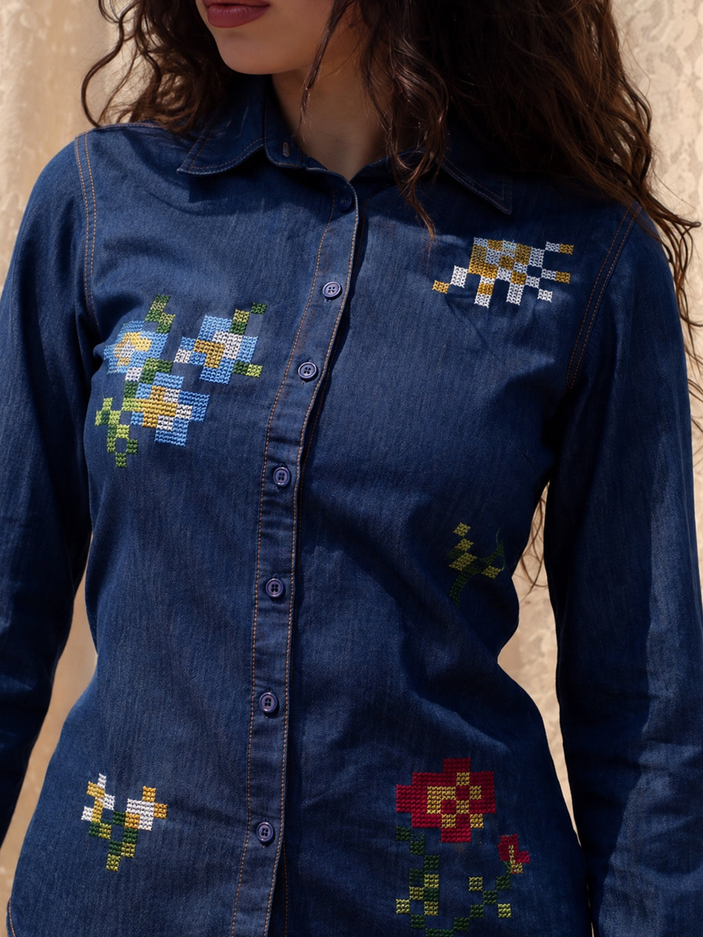 Zummer Women's Navy Blue Embroidered Denim Shirt with Floral Geometric Print