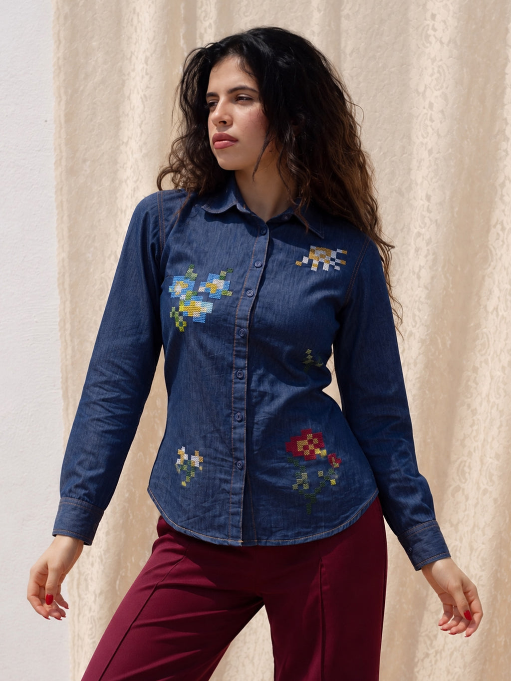 Zummer Women's Navy Blue Embroidered Denim Shirt with Floral Geometric Print