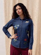 Zummer Women's Navy Blue Embroidered Denim Shirt with Floral Geometric Print