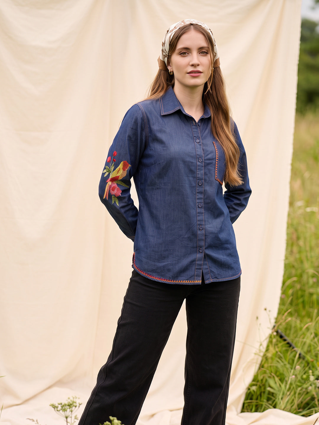 Zummer Women's Navy Blue Embroidered Denim Shirt with Geometric Pocket Detailing