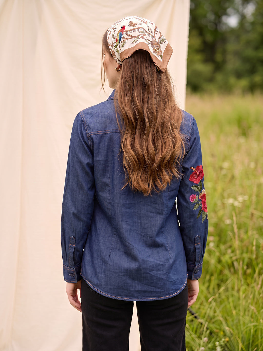 Zummer Women's Navy Blue Embroidered Denim Shirt with Geometric Pocket Detailing