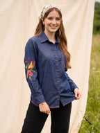 Zummer Women's Navy Blue Embroidered Denim Shirt with Geometric Pocket Detailing