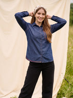 Zummer Women's Navy Blue Embroidered Denim Shirt with Geometric Pocket Detailing