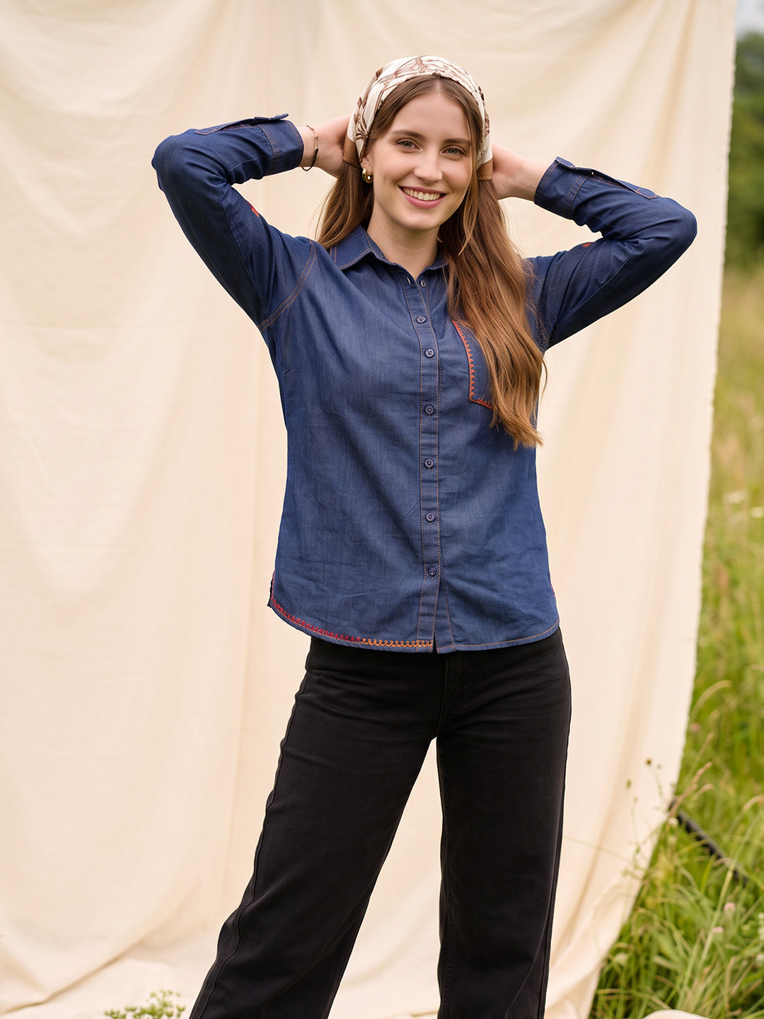 Zummer Women's Navy Blue Embroidered Denim Shirt with Geometric Pocket Detailing