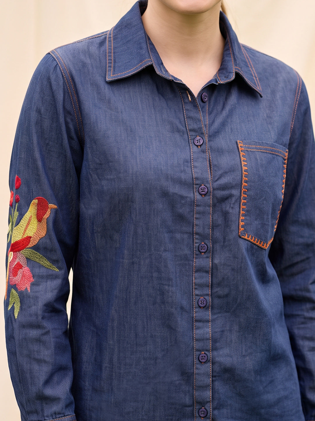 Zummer Women's Navy Blue Embroidered Denim Shirt with Geometric Pocket Detailing