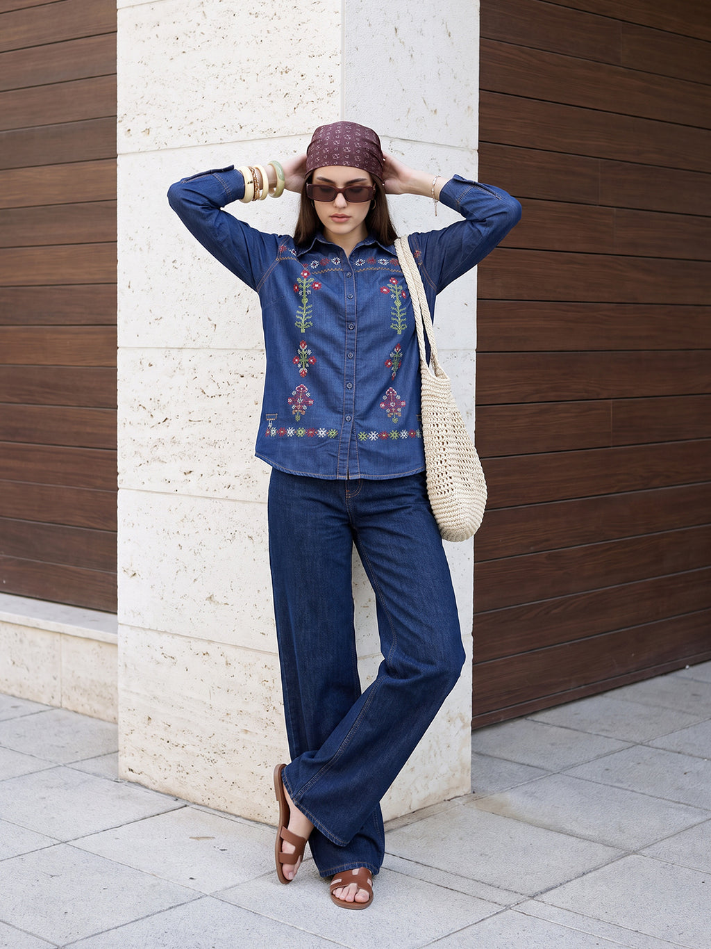 Zummer Women's Navy Blue Embroidered Denim Shirt with Green & Pink Print