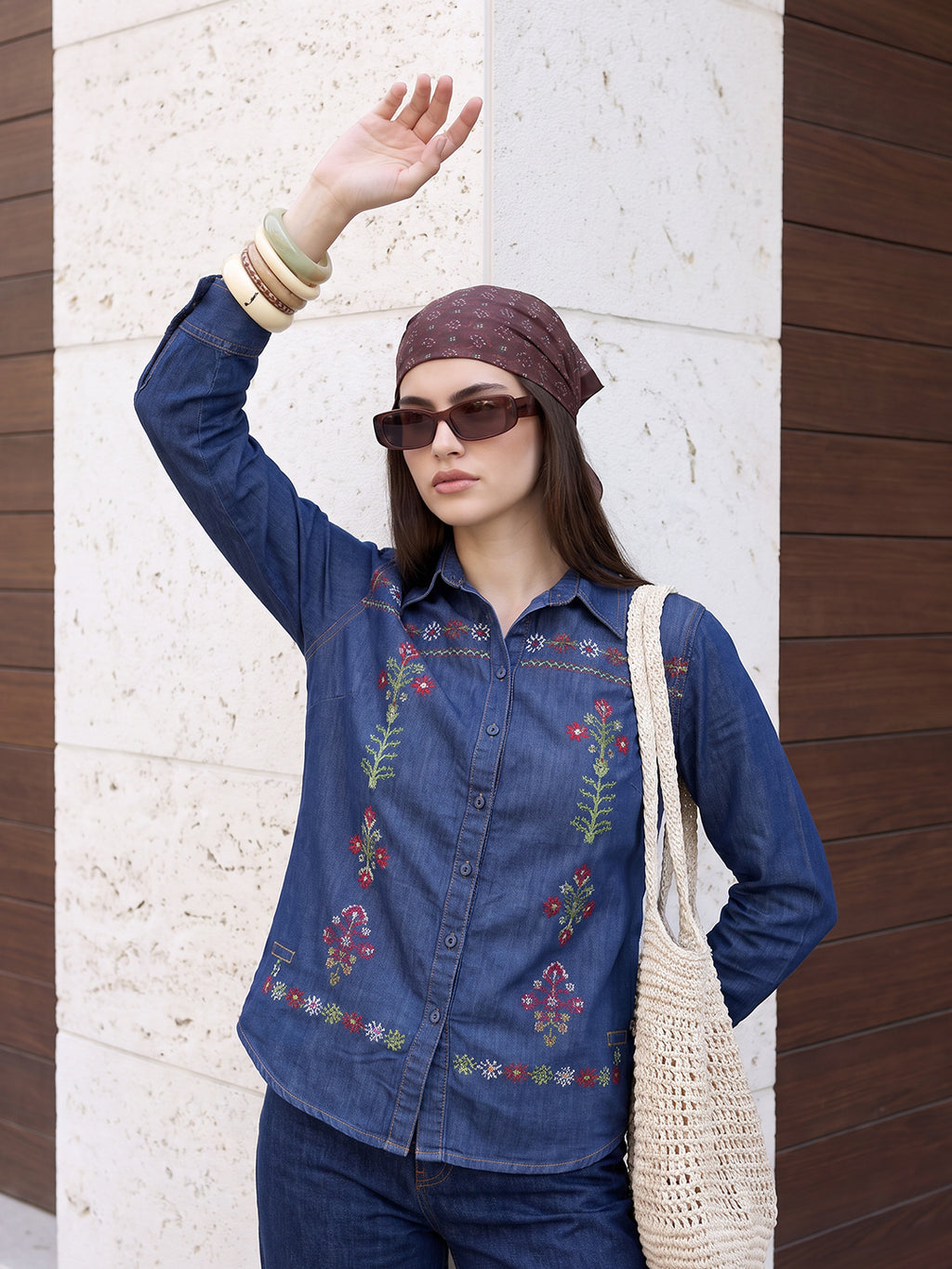 Zummer Women's Navy Blue Embroidered Denim Shirt with Green & Pink Print