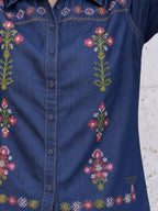 Zummer Women's Navy Blue Embroidered Denim Shirt with Green & Pink Print