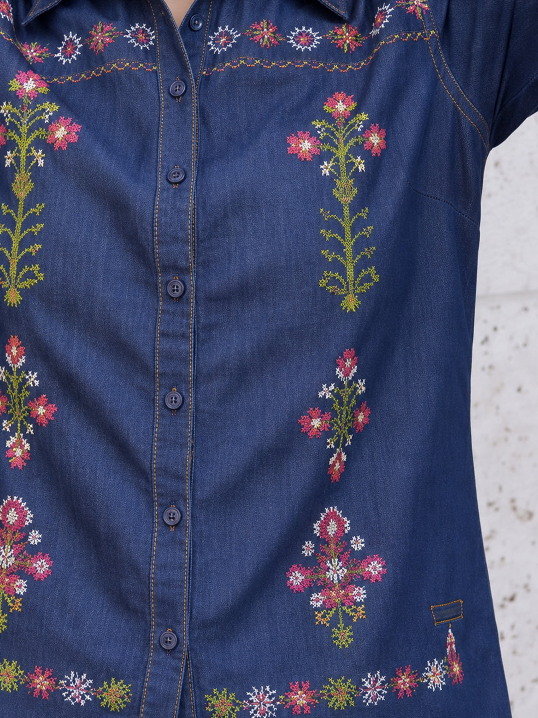 Zummer Women's Navy Blue Embroidered Denim Shirt with Green & Pink Print