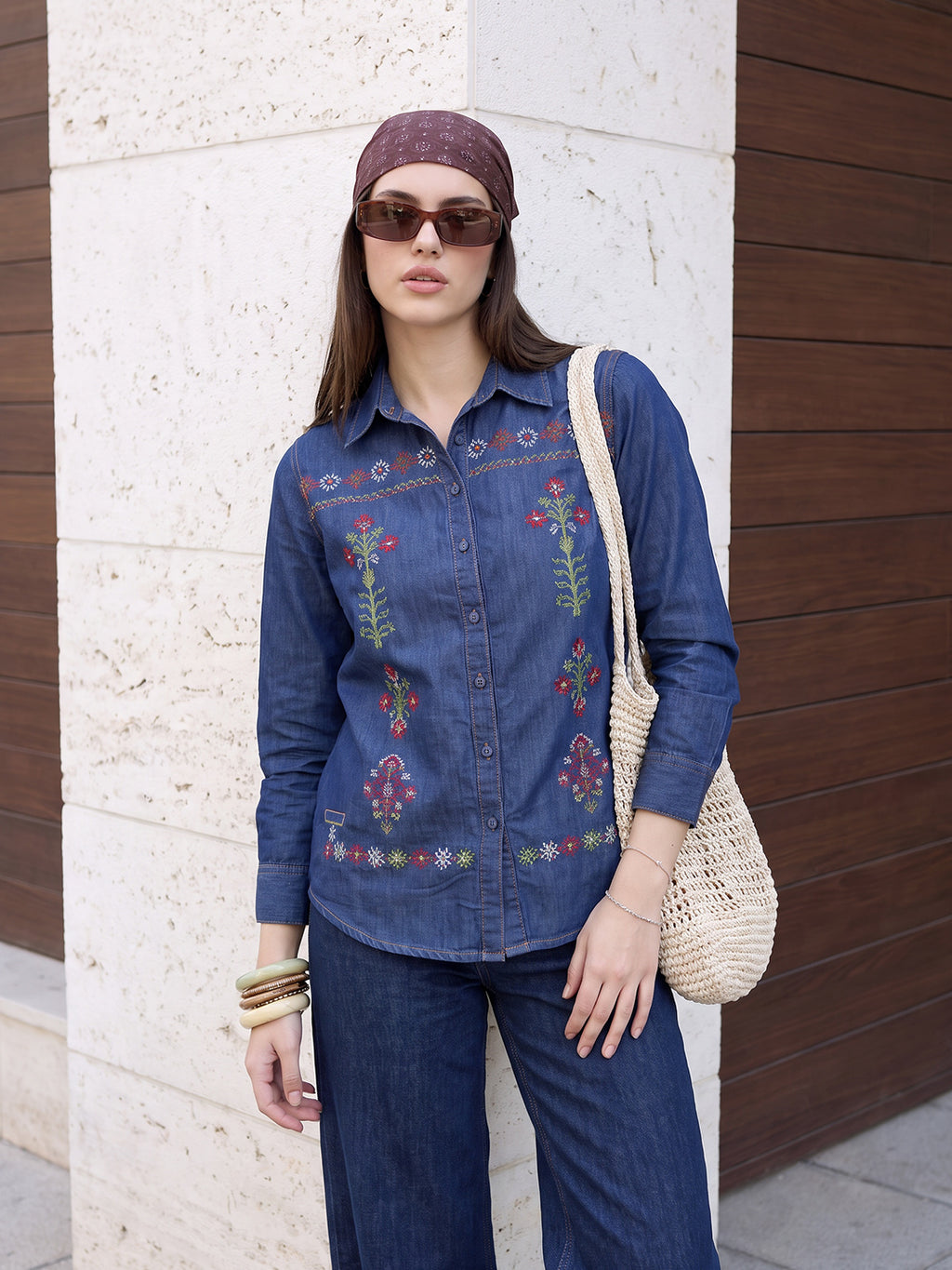 Zummer Women's Navy Blue Embroidered Denim Shirt with Green & Pink Print