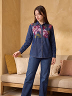 Zummer Women's Navy Blue Embroidered Denim Shirt with Pink & Green Floral Print