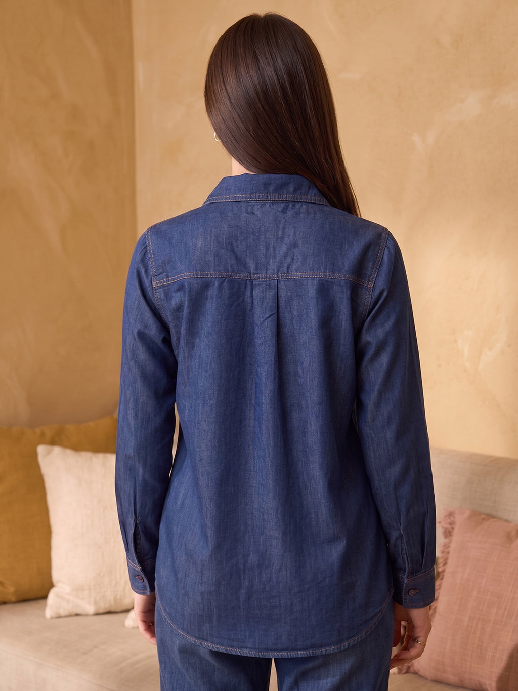 Zummer Women's Navy Blue Embroidered Denim Shirt with Pink & Green Floral Print