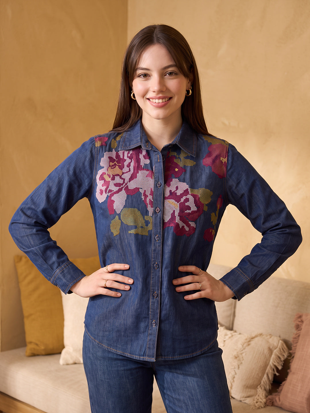 Zummer Women's Navy Blue Embroidered Denim Shirt with Pink & Green Floral Print