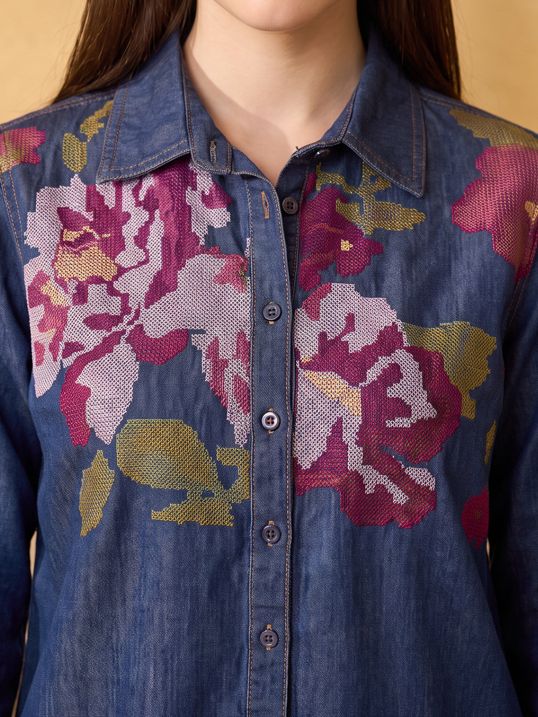 Zummer Women's Navy Blue Embroidered Denim Shirt with Pink & Green Floral Print
