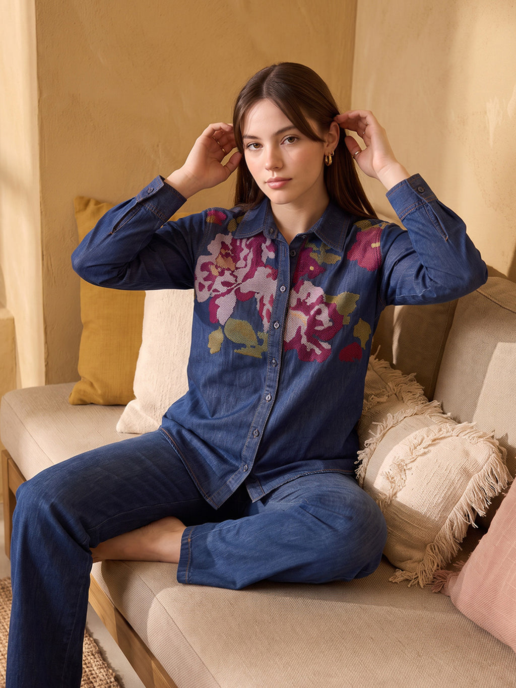 Zummer Women's Navy Blue Embroidered Denim Shirt with Pink & Green Floral Print