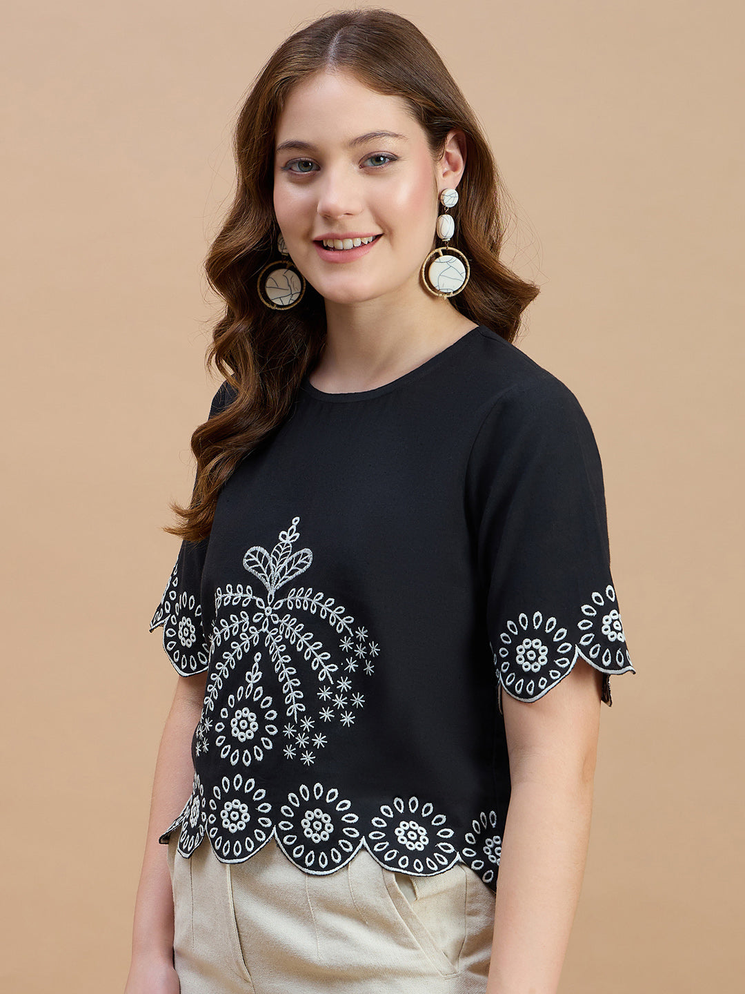 Cotton Embroidered Black Top
