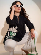 Black Floral Colour Blocked A-Line Top