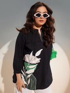 Black Floral Colour Blocked A-Line Top