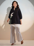 Black Floral Colour Blocked A-Line Top