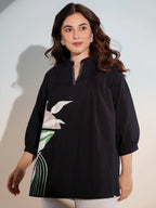 Black Floral Colour Blocked A-Line Top