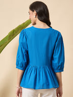 Cotton Blue Puff sleeve Top