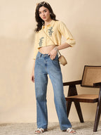 Cotton Tropical Embroidered Yellow Top