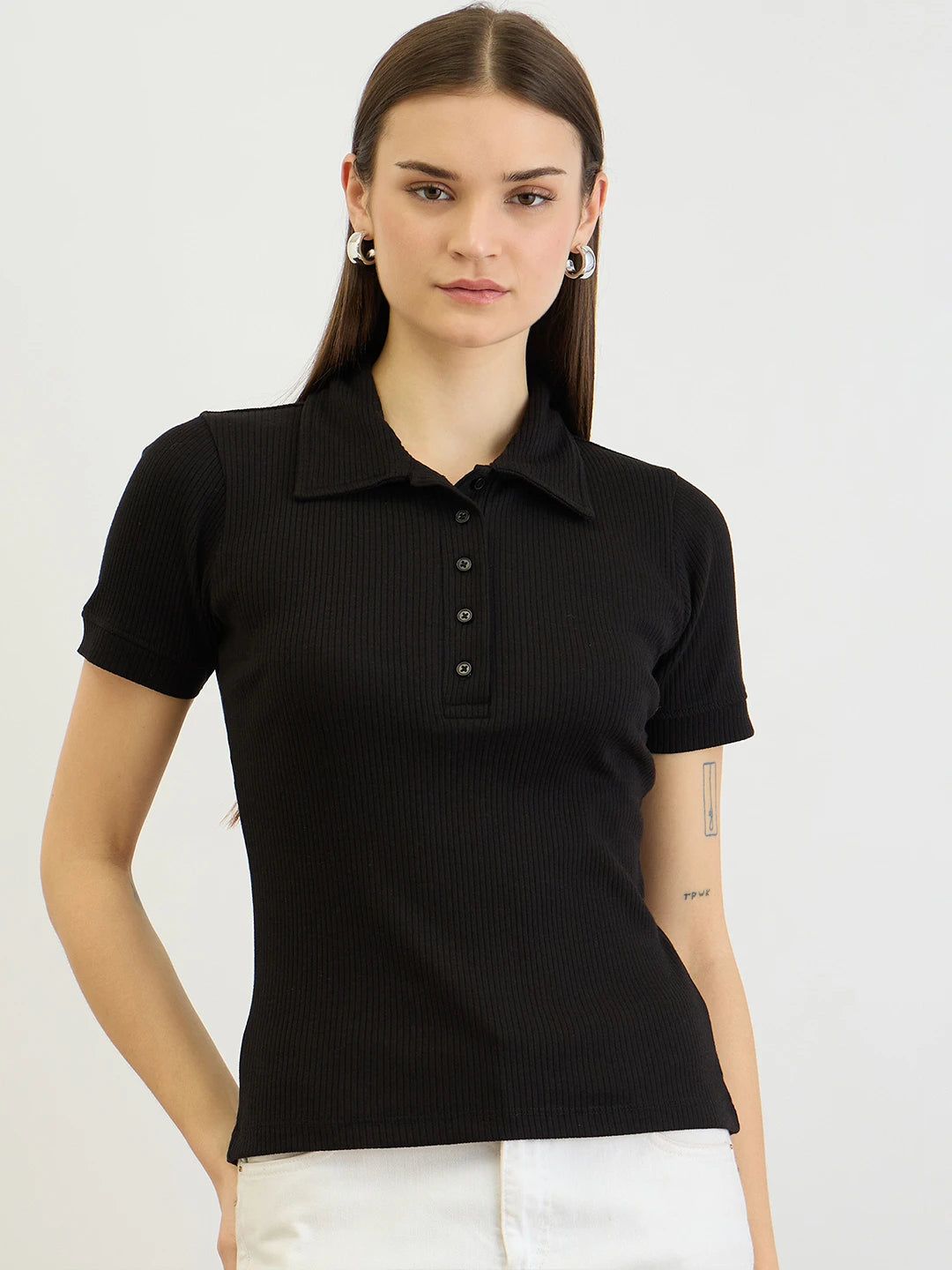 Black Ribbed Polo Top