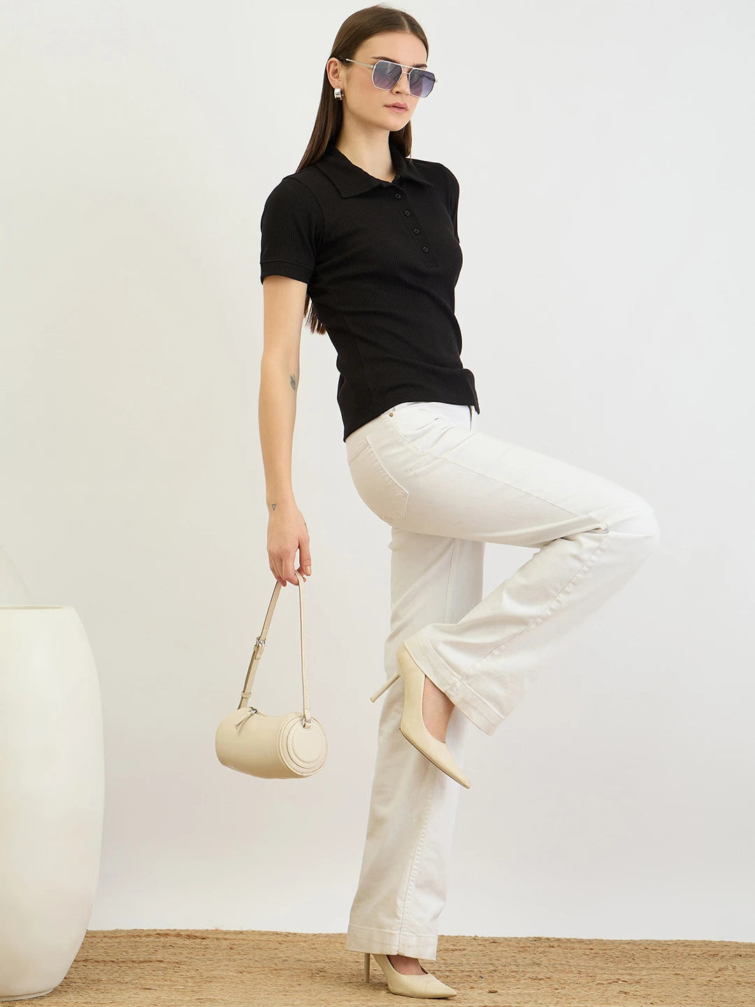 Black Ribbed Polo Top